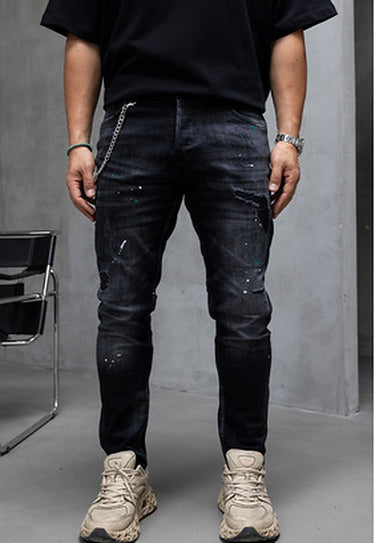 Black Island Jeans 17404 Schwarz mit Farbspritzern – Frontansicht, Herren Slim Fit