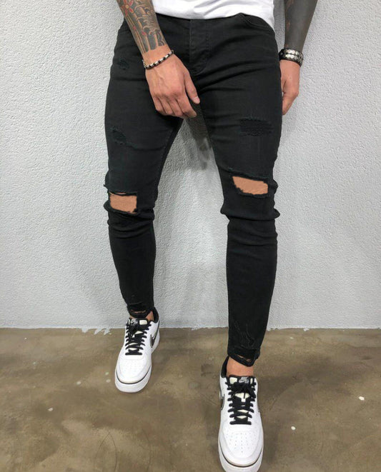 Jeans Black Blue Cool Skinny Knee Hole Ripped Stretch Slim Elastic Denim